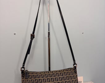 Fendi Zucchino Envelope Shoulder Bag in Beige and Navy