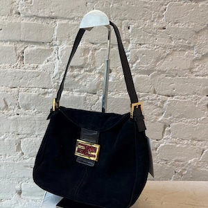 Fendi Black Suede Baguette Shoulder Bag with Red Lining