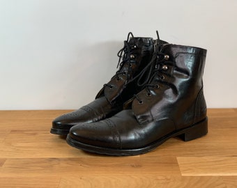 Vintage Black Leather Cap Toe Lace Up zip Up Derby Ankle Boots Size 40 EU