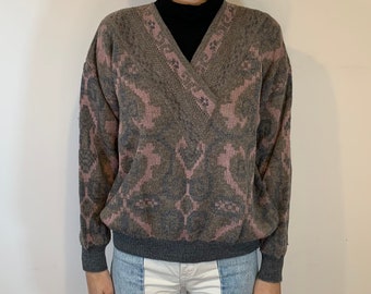 Vintage Wool Blend Grey Pink Fair Isle Sweater Pullover Size M Women