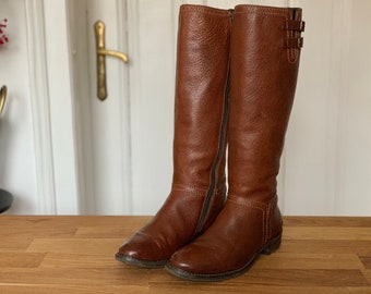 Vintage braun Leder flach unter dem Knie Reiten Stiefel Paul Grün Größe 36,5 EU