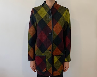 Vintage Wool Blend Colourful Checkered Short Coat Size S Women