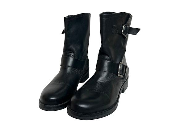 Vintage Black Leather Biker Ankle Boots Side Buckles Size 41 EU Size 9 1 2 US Women 7 1 2 UK Women Bull Boxer Etsy UK