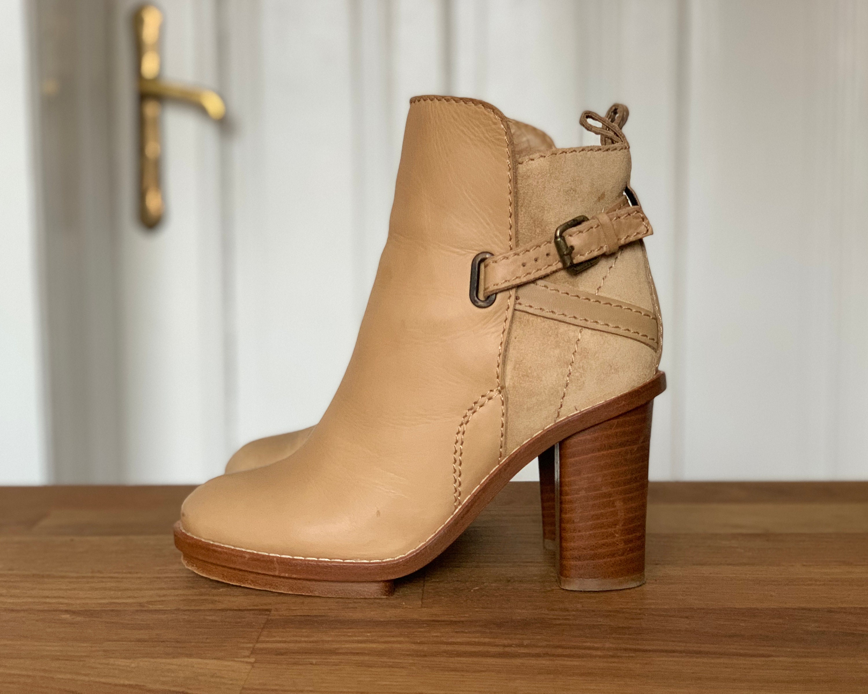 Vintage Tan Beige Leather and Suede Chunky Heel Booties Ankle