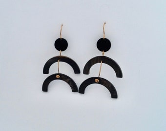 Geometric earrings with buffalo horn elements Gold filled gold vermeil Argentium 935 silver Brass Statement earrings