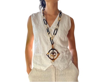 Buffalo horn chain necklace with large evil eye pendant