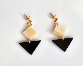 Geometric buffalo horn earrings with gold filled/ gold vermeil elements. Statement earrings. Dainty stud earrings