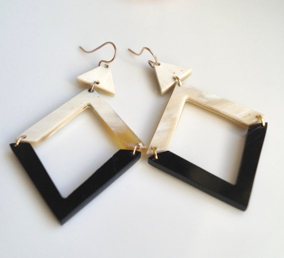 Geometric earrings with buffalo horn elements Gold filled gold vermeil Argentium 935 silver Brass Statement earrings