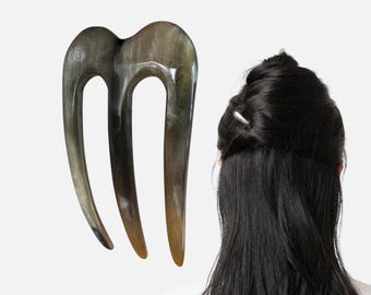 Buffalo Horn 3-Prong Hair Fork, Handmade Hair Stick, Natural Accessory