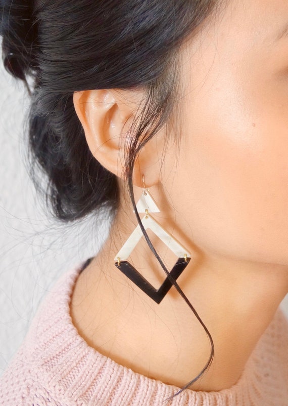 Geometric earrings with buffalo horn elements Gold filled gold vermeil Argentium 935 silver Brass Statement earrings