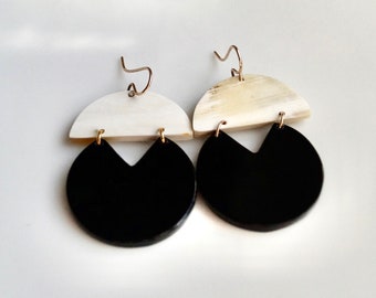 Geometric buffalo horn earrings with gold filled/ gold vermeil elements. Statement earrings