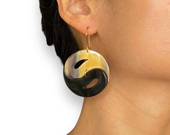 Large Yin Yang Buffalo Horn Earrings: Gold Filled Geometric Jewelry