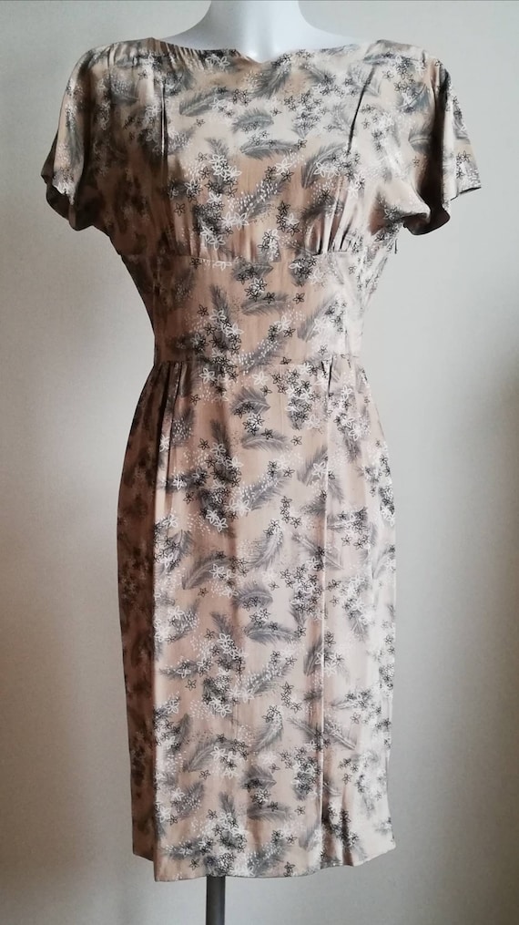 1960s Taupe Floral Wiggle Dress