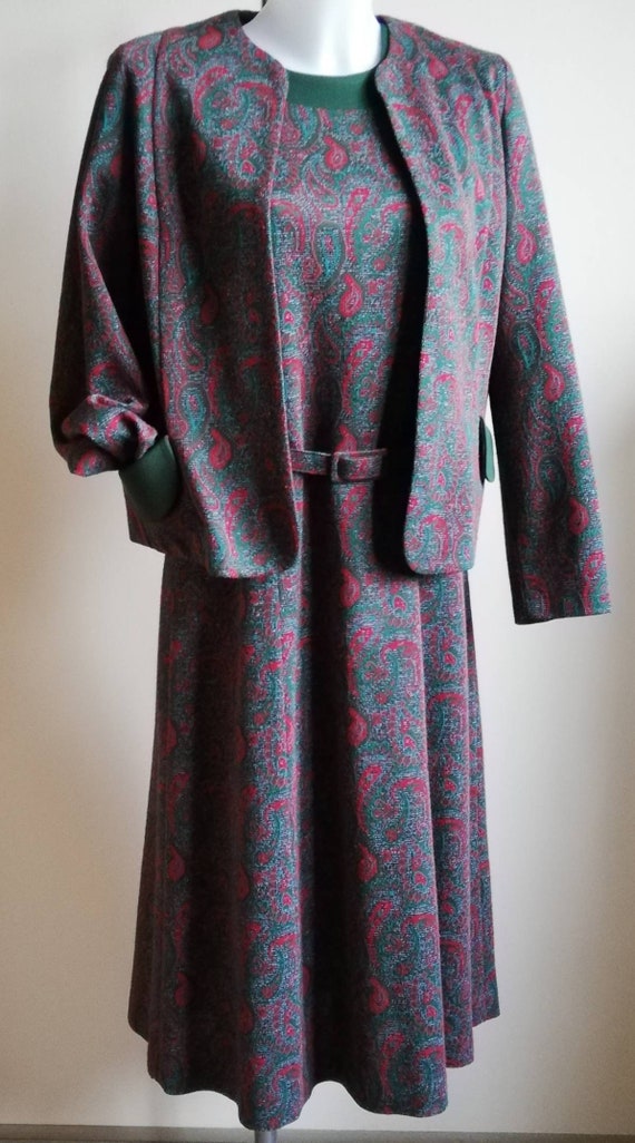 1970s Green Paisley Dress and Jacket