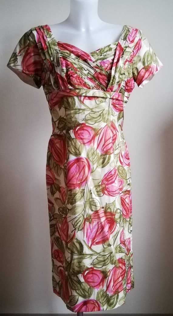 1950s Pink Floral Wiggle Dress