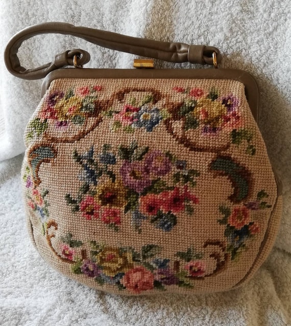 1950s Taupe Leather and Tapestry Bag