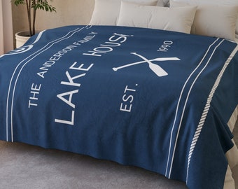 Lake House Decor Gift Blanket, Family Name Boat Lover Throw, Custom Personalized Fleece Sherpa