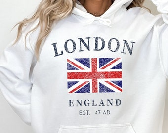 London Hoodie Sweatshirt Souvenir, England Tröja Gåva, Brittisk Flagga, Storbritannien Resesouvenir
