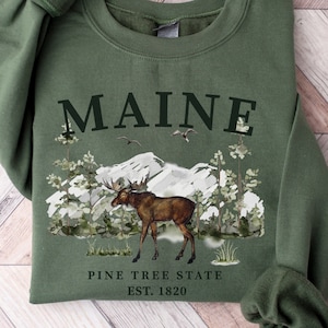 Maine Moose Sweatshirt, Unisex Maine Crewneck Pullover Shirt Gift, Pine Tree State