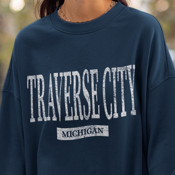 Pull du Michigan, col rond du lac Michigan, sweat-shirt Traverse City, souvenir du Michigan, cadeaux du Michigan, péninsule supérieure