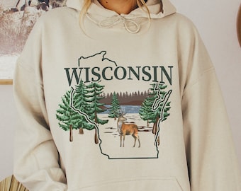 Sudadera con capucha de ciervo de Wisconsin, sudadera para senderismo en la naturaleza, recuerdo de viaje