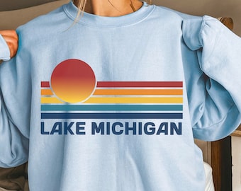 Lake Michigian Retro Sonnenuntergang Sweatshirt, Great Lakes Travel Crewneck