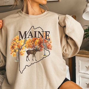 Maine Fall Moose Sweatshirt, Unisex Maine State Crewneck Pullover Gift