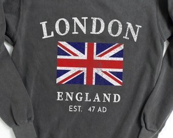 London England Crewneck-tröja, brittisk flagga resesouvenir