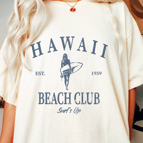 Retro Hawaii Beach Club T-shirt, Comfort Colors Surfer T-shirt, kledinggeverfde Honolulu Oahu-kleding