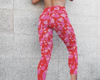 Heart shaped cactus pattern leggings Custom design printed floral hearts gift Berry colored heart pattern Cute women\u2019s yoga pants