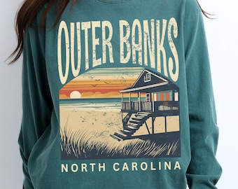 Retro Outer Banks Beach Long Sleeve Tee Gift, North Carolina Tshirt, Comfort Colors