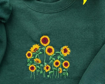 Sweatshirt met geborduurde zonnebloemtuin ronde hals, botanische bloem cadeau
