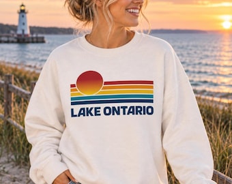 Sweat-shirt Lac Ontario, style rétro coucher de soleil sur les Grands Lacs