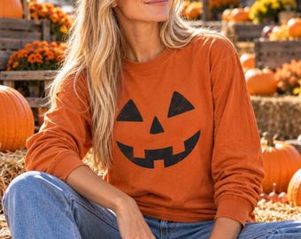 T-shirt à manches longues motif citrouille, style rétro Jack O'Lantern pour Halloween