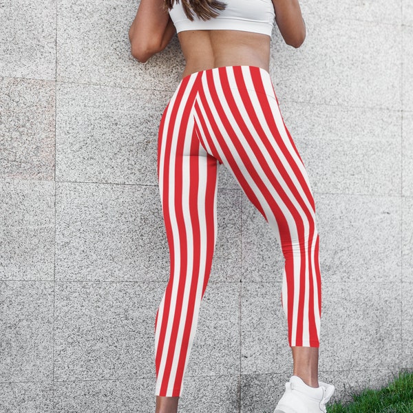 Red White Striped Leggings, Vertical Stripe Candy Cane Christmas Holidays Printed Leggings, Stripe Stretch Yoga Pants, Stripes Leggings