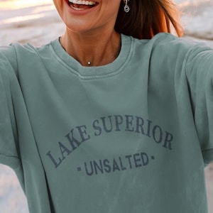 Peut inclure: Un sweat-shirt de couleur sarcelle avec l'inscription "LAKE SUPERIOR - UNSALTED" en gris foncé. Le sweat-shirt à col rond a des manches longues. Le texte est arqué sur la poitrine.