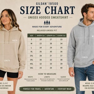 Puede incluir: Una tabla de tallas para sudadera con capucha unisex Gildan 18500 que muestra una sudadera beige a la izquierda y una gris a la derecha. La tabla indica medidas de ancho, largo y manga en pulgadas para tallas de la S a la 5XL con instrucciones.