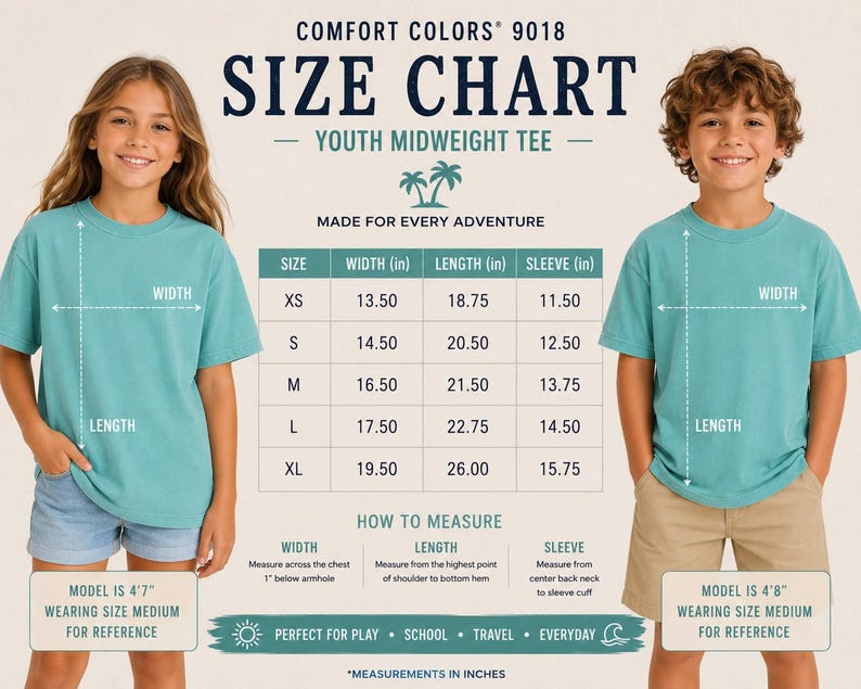May include: A Comfort Colors 9018 youth midweight tee size chart featuring a table with width, length, and sleeve measurements in inches for sizes XS to XL. The chart includes instructions on how to measure and shows two models wearing size medium.