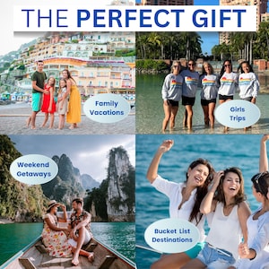 May include: A four-panel collage titled THE PERFECT GIFT featuring travel scenes. Top left: a family on a beach. Top right: four people in matching sweatshirts in water. Bottom left: a couple in a boat. Bottom right: three people on a boat.