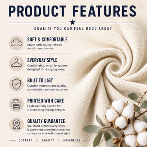 May include: An infographic titled PRODUCT FEATURES with text detailing quality, comfort, and durability. The list includes Soft & Comfortable, Everyday Style, Built to Last, Printed with Care, and Quality Guarantee. A cream fabric swirl and cotton sprig are visible.