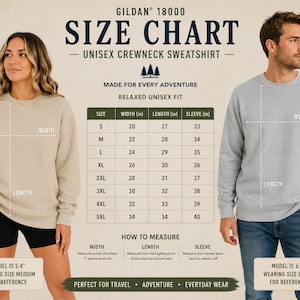 Peut inclure: Un tableau des tailles pour sweat-shirt unisexe Gildan 18000 pr&eacute;sentant les mesures de largeur, longueur et manche en pouces pour les tailles S &agrave; 5XL. Le tableau inclut des instructions sur la fa&ccedil;on de mesurer la largeur, la longueur et la manche.