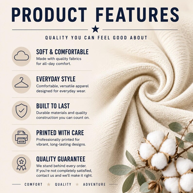K&ouml;nnte beinhalten: Eine Infografik mit dem Titel PRODUCT FEATURES und Texten zu Qualit&auml;t, Komfort und Langlebigkeit. Die Liste enth&auml;lt Soft & Comfortable, Everyday Style, Built to Last, Printed with Care und Quality Guarantee. Ein cremefarbener Stoffwirbel und ein Baumwollzweig sind zu sehen.