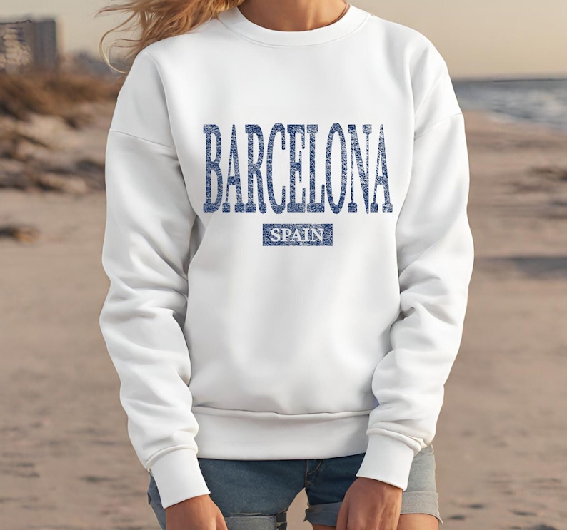 Barcelona Spain Sweatshirt, Womens Beach Crewneck Sweater, Spain Pullover Gift Souvenir White