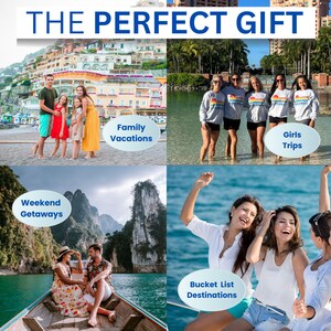 Puede incluir: Un collage de cuatro paneles titulado THE PERFECT GIFT con escenas de viajes. Arriba a la izquierda: una familia en una playa. Arriba a la derecha: cuatro personas con sudaderas a juego en el agua. Abajo: parejas y grupos en barcos en el agua.