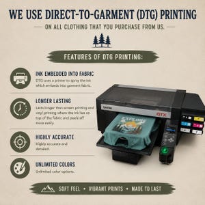 May include: A Brother GTX direct-to-garment printer with a teal t-shirt featuring an Explore graphic on the platen. Text explains the DTG process, noting ink embedded into fabric, longer lasting, highly accurate, and unlimited colors features.