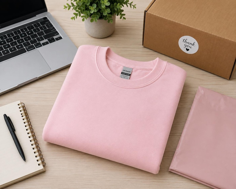 Pode incluir: Uma camisola de gola redonda em rosa claro liso, com mangas compridas e gola canelada. A pe&ccedil;a apresenta uma etiqueta da marca Gildan no interior da gola. A camisola est&aacute; dobrada cuidadosamente e apresentada como uma pe&ccedil;a de vestu&aacute;rio simples.