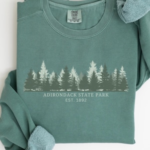 May include: A teal-colored sweatshirt featuring a forest graphic with various shades of green trees. The text "ADIRONDACK STATE PARK EST. 1892" is printed below the trees. The sweatshirt has a crew neck and long sleeves.