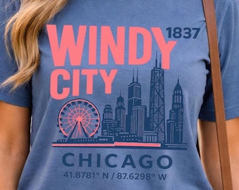 Maglietta con lo skyline di Chicago, la "Windy City", maglietta souvenir dell'Illinois, Comfort Colors, regalo da viaggio