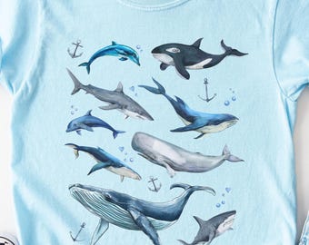 Camiseta infantil de playa Comfort Colors® con estampado de ballenas, orcas, delfines y ballenas jorobadas. Regalo ideal.