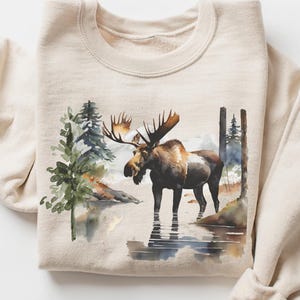 Moose Watercolor Crewneck Sweatshirt Gift, Wilderness Scene Wildlife Mountain Graphic